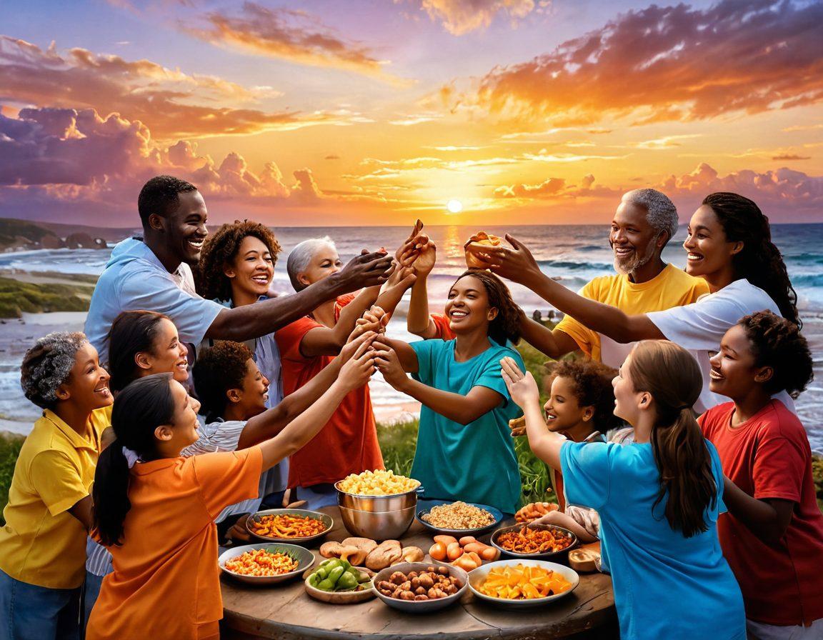 A vibrant scene depicting a diverse group of people of all ages and backgrounds, joyfully engaging in acts of kindness, like sharing food and helping each other. The foreground emphasizes warm, embracing smiles and hands intertwined, symbolizing unity and compassion. In the background, a beautiful sunset radiates warmth, casting gentle light on the scene, enhancing the feeling of love and connection. The overall atmosphere should evoke warmth and hope. super-realistic. vibrant colors. peaceful setting.