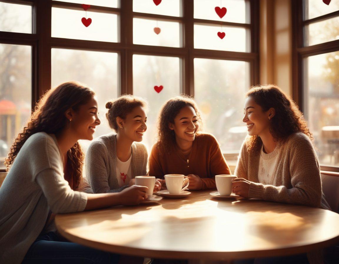 A warm and inviting scene of diverse friends sitting together in a cozy café, sharing laughter and stories over coffee, surrounded by interspersed heart symbols to symbolize affection, with soft sunlight streaming through the windows creating a serene atmosphere. vibrant colors. soft focus. super-realistic.