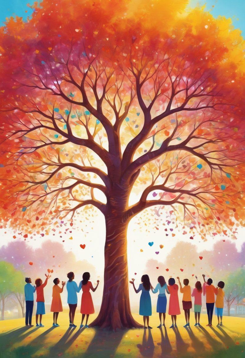 A vibrant community gathering under a colorful tree, symbolizing connection and love, with diverse individuals engaging in acts of kindness, sharing food, and laughing together. The scene should convey warmth and positivity, with a sunlit background that enhances the sense of unity and joy. Incorporate elements like hand-drawn hearts or connection lines between people to symbolize bonds. bright and cheerful. super-realistic.